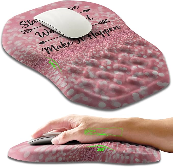 Ergonomic Slope Mouse Pad Wrist Support, Wrist Rest Mousepad for Carpal Tunnel with Massage Bulge and Slow Rebound Memory Foam (12x8 inch, Pink Stay Positive)