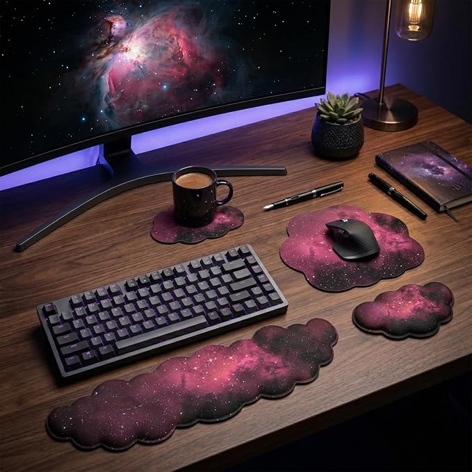 Cloud Mouse Pad Keyboard Wrist Rest for Mouse 4PCS Mini Small Stars Galaxy Desk Mat Pad Set Memory Foam Non-Slip Cute Ergonomic Gaming Mouse Wrist Support for Computer Home Office Pink Black