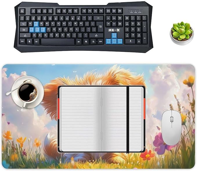 Large Ergonomic Gaming Mouse Pad Charming Fluffy Dog in Bright Meadow - Cute Pet Theme with Non-Slip Base Water-Resistant Surface and Stitched Edges 40X75cm