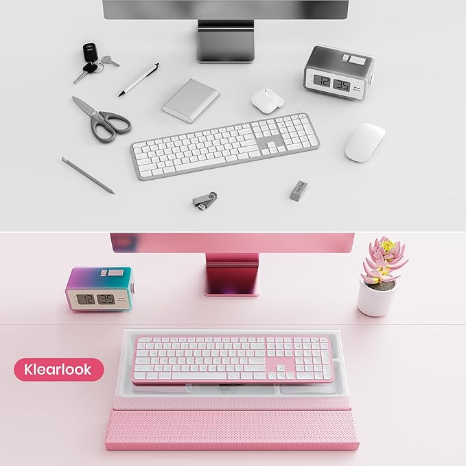 3 in 1 Keyboard Stand w/Wrist Rest and Storage Tray - Klearlook [Ultra Comfortable] PU Leather Wrist Pad & Acrylic Keyboard Riser, 16.9x7.3 inch Tilt Adjustable Computer Keyboard Stand Holder-Pink