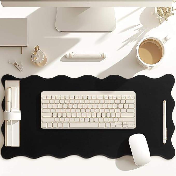 Scalloped Desk Mat Large Scalloped Piping Cute Desk Mat Aesthetic Preppy Table Pad Large Nonslip Pad with Edge Stitching Waterproof Gaming(Black,23.62 x 13.78 Inches)