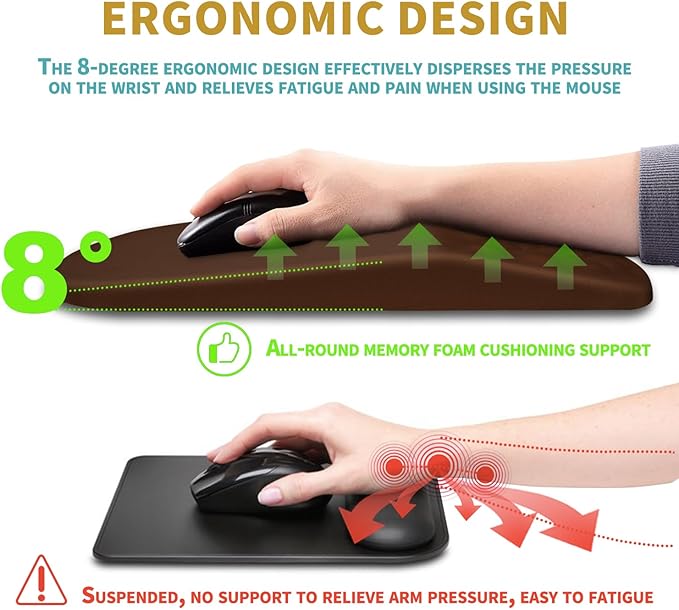 Hokafenle Ergonomic Mouse Pad Wrist Support with Massage Design, Wrist Rest Mousepad with Memory Foam&Non-Slip PU Base, Mouse Pads for Wireless Mouse & Desk (12x8 inch,Brown)