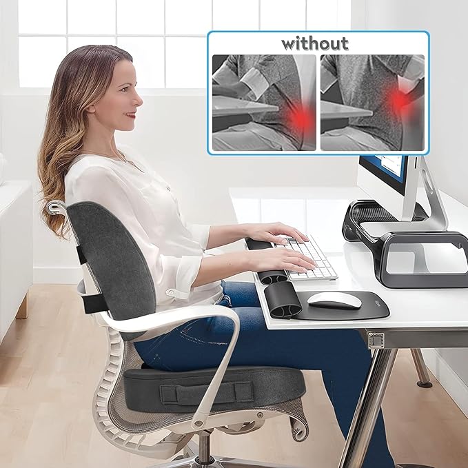 CloudBliss Seat Cushion, Office Chair Cushion, Car Seat Cushion, Lumbar Support Pillow for Office Chair, Back Support Memory Foam Pillow Coccyx Cushion for Tailbone & Coccyx Support, Grey, X-Large