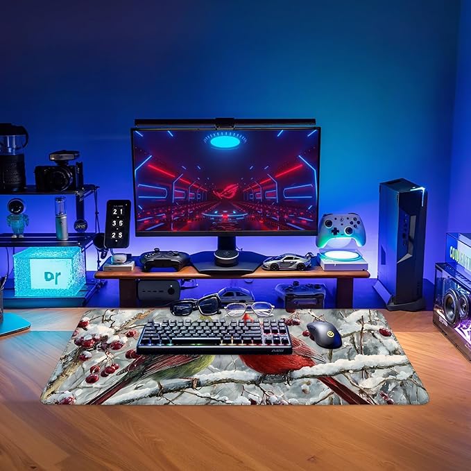 Christmas Bird Extended Gaming Mouse Pad 31.5x11.8inches Large Desk Mat Anti-Slip Rubber Base & Durable Stitched Edges for Gamers Smooth Mouse Writing Surface for Desk Office/Home
