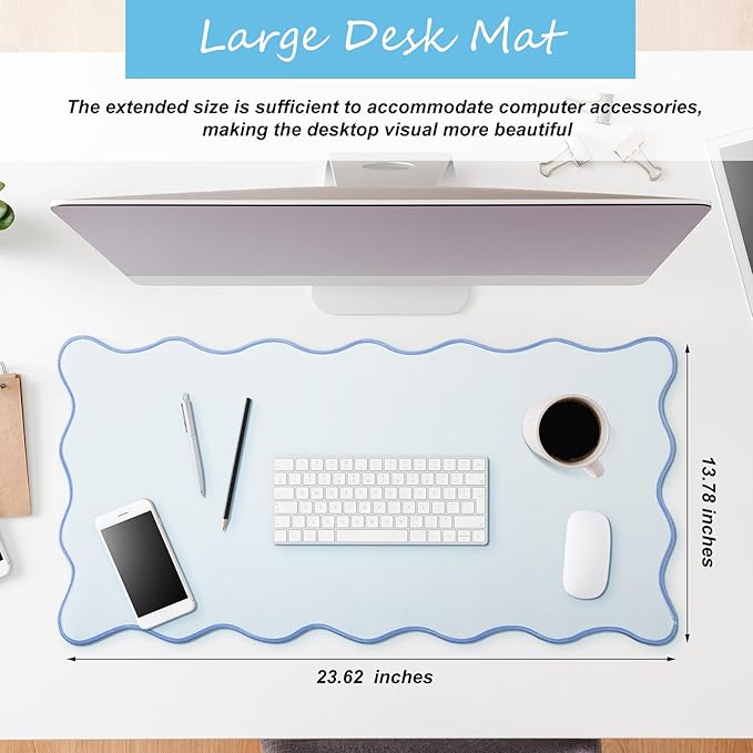 Scalloped Desk Mat Large Scalloped Piping Cute Desk Mat Aesthetic Preppy Table Pad Large Nonslip Pad with Edge Stitching Waterproof Gaming(Blue,23.62 x 13.78 Inches)