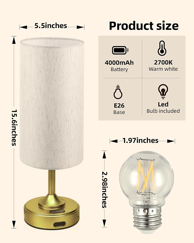 Cordless Lamp, 2-Pack, Dimmable, Ambient Light, 2700K, Timer, Touch Control, Portable, LED, Battery Operated, Rechargeable, Wireless, Desk Lamp, Kitchen Lamp, Fabric Shade, for Bedroom, Living Room