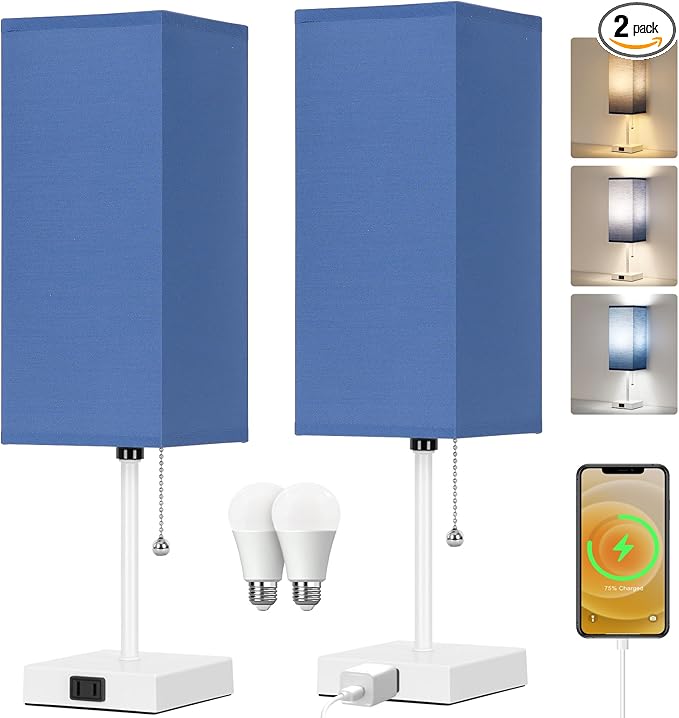 18'' Table Lamp for Bedroom set of 2,3-Color Bedside Lamps with Pull Chain Table Lamps for Night stands ,Small Night Light Lamps with 2 Bulbs Lamps for Living Room Kids Room Office Decor（Blue+White）