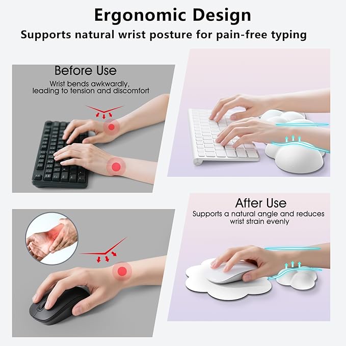 Cloud Wrist Rest for Computer Keyboard, 4-in-1 Memory Foam Leather Cloud Keyboard Wrist Rest and Mouse Pad Set with Ergonomic Support for Arm and Palm Cushion, Gaming/Work Setup, White