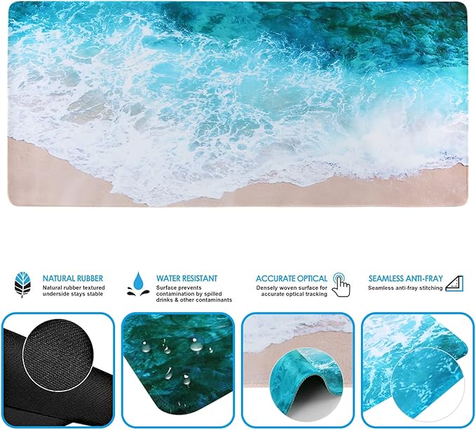 iCasso Keyboard Mouse Pad Set, Extended Gaming Mouse Pad + Keyboard Wrist Rest Support, Memory Foam, Easy Typing & Comfort, 3Pcs (35.4×15.7 in) Large Ultra Thick Mousepad Desk Mat (Beach)