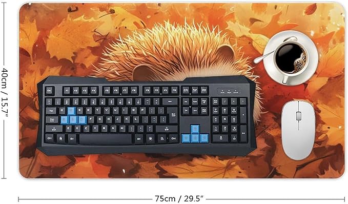 Large Ergonomic Gaming Mouse Pad Cozy Hedgehog in Autumn Leaves - Cute Forest Animal Theme with Non-Slip Base Water-Resistant Surface and Stitched Edges 40X75cm