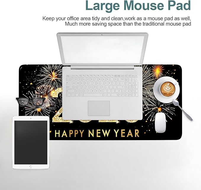 Happy New Year - 2026 Extended Gaming Mouse Pad 31.5x11.8inches Large Desk Mat Anti-Slip Rubber Base & Durable Stitched Edges for Gamers Smooth Mouse Writing Surface for Desk Office/Home