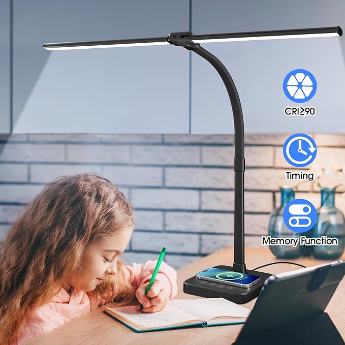 ShineTech LED Desk Lamp for Home Office, 24W Double Head Desk Light with Wireless Charging, USB Port, Adjustable Lamps, 5000K Daylight White