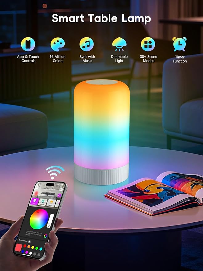 RGBICWW Smart Table Lamp, Touch Bedside Lamp with App Control, LED Desk Lamp with Music Sync, 30+ Scenes & 16M Colors, Color Changing Lamp for Bedroom Living Room Gaming Dimmable Night Light, Grey