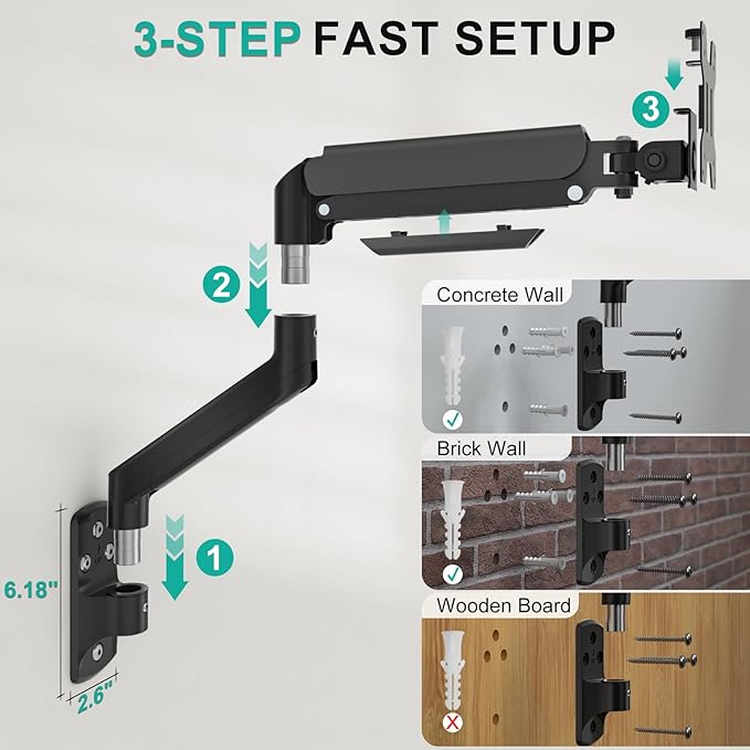 WALI Computer Monitor Wall Mount for 17 to 32 Inch Screens, Single Monitors Mount Holds up to 22lbs, Fully Adjustable Gas Spring Wall Mount Monitor Arm, 75x75/100x100mm VESA Mount (GSWM001), Black