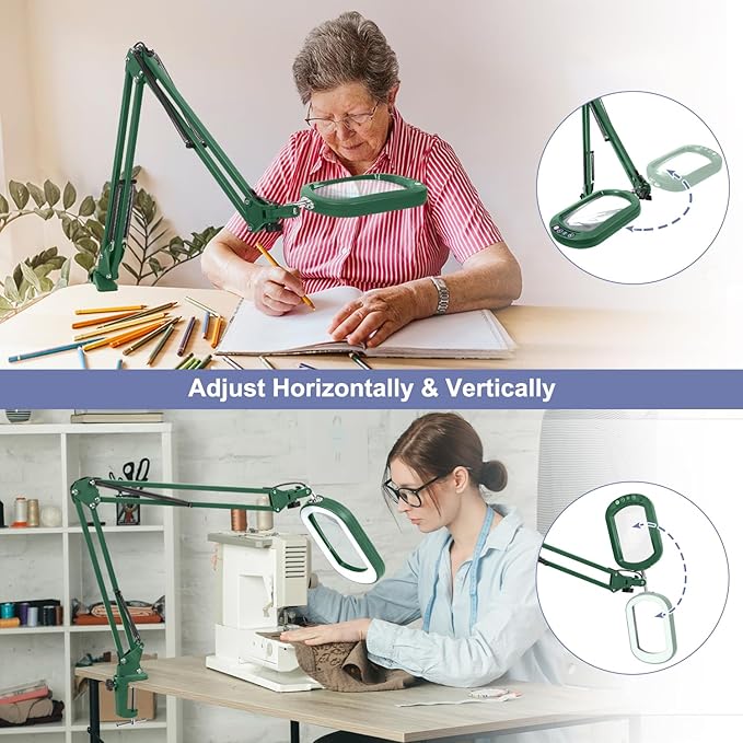 10X Large Magnifying Glass with Light and Clamp, Real Glass, 5 Color Modes, Stepless Dimmable, Lighted Magnifier with Stand Hands Free, LED Swing Arm Desk Lamp for Close Work, Craft, Painting - Green