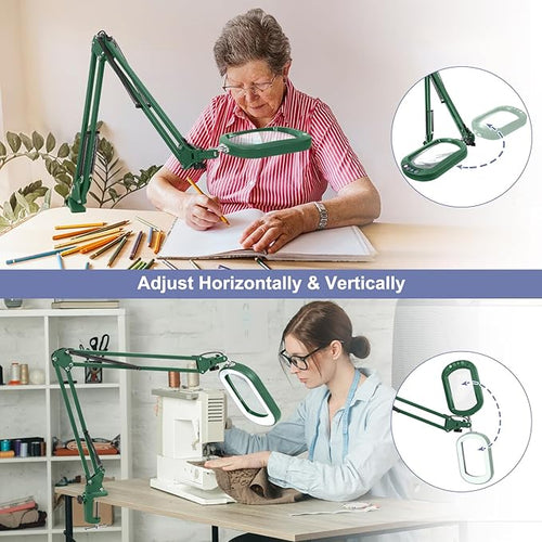 10X Large Magnifying Glass with Light and Clamp, Real Glass, 5 Color Modes, Stepless Dimmable, Lighted Magnifier with Stand Hands Free, LED Swing Arm Desk Lamp for Close Work, Craft, Painting - Green