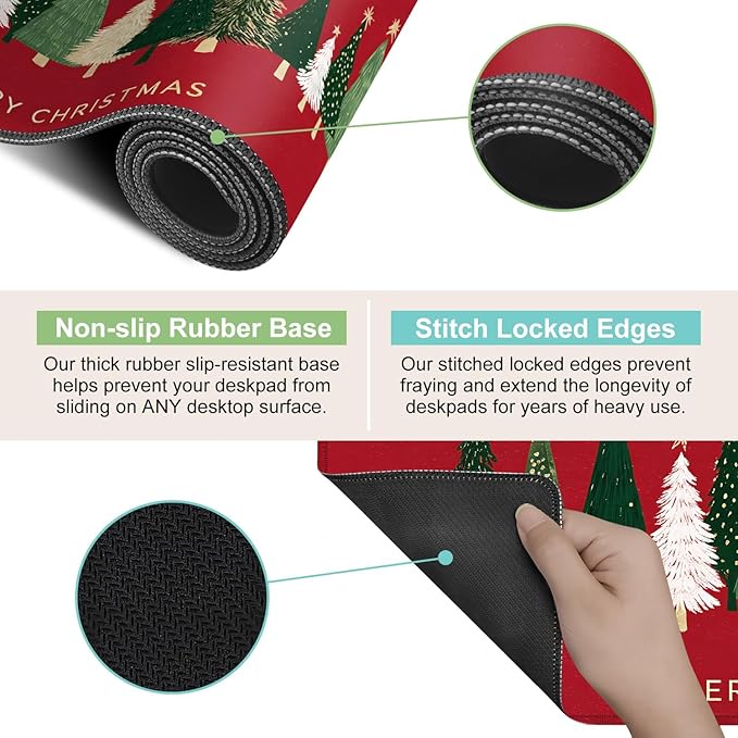 Desk Mat, XXL Extended Gaming Pad for Desktop, 31x12 Inches Trees on Red Background, Large Non-Slip Vegan Leather Surface with Stitched Edges, Keyboard Mouse Mat for Home Office