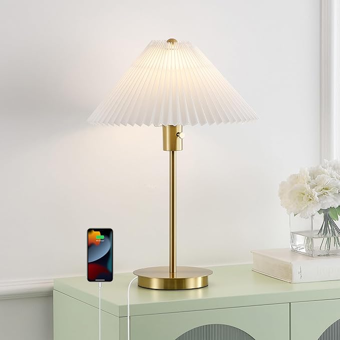 JONATHAN Y 21.25" Brass Gold Modern Glam Metal Column LED Table Lamp with USB Charging Port, Scandinavian Minimalist Bedside Lamp, White Pleated Shade, LED Bulb Included JYL1149A