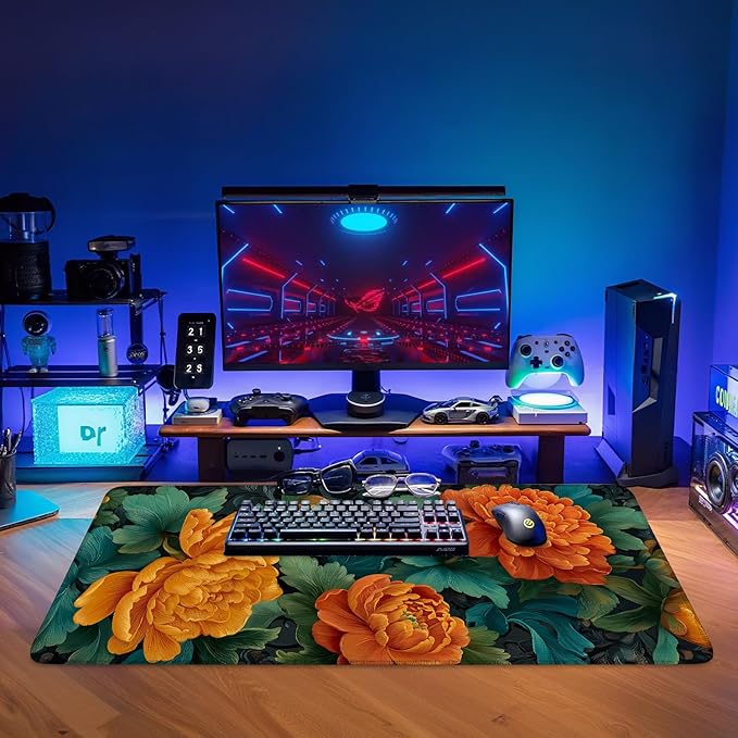 Retro Flower Spring Extended Gaming Mouse Pad 35.4x15.7Inch Large Desk Mat Anti-Slip Rubber Base & Durable Stitched Edges for Gamers Smooth Mouse Writing Surface for Desk Office/Home