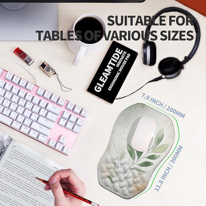 Ergonomic Raised Mouse Pad Wrist Support with Bilateral Slope Memory Foam Mousepad for Wrist Rest and Carpal Tunnel 11.8x7.9〃 Green Leaf