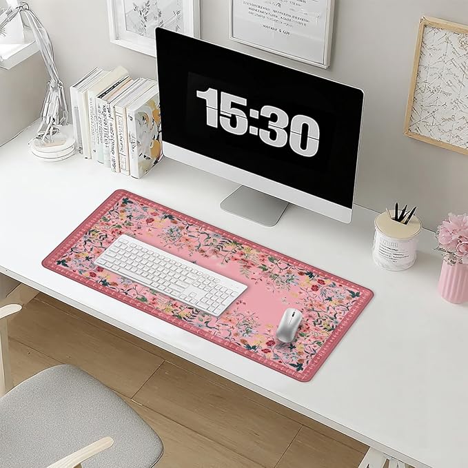 Vibrant Pink Flower Floral Large Mouse Pad 31.5x15.7inch, Aesthetic Wildflower Butterfly Botanical Big Extended Desk Mat Mousepad XL Gaming Keyboard Mat for Home Office Accessories