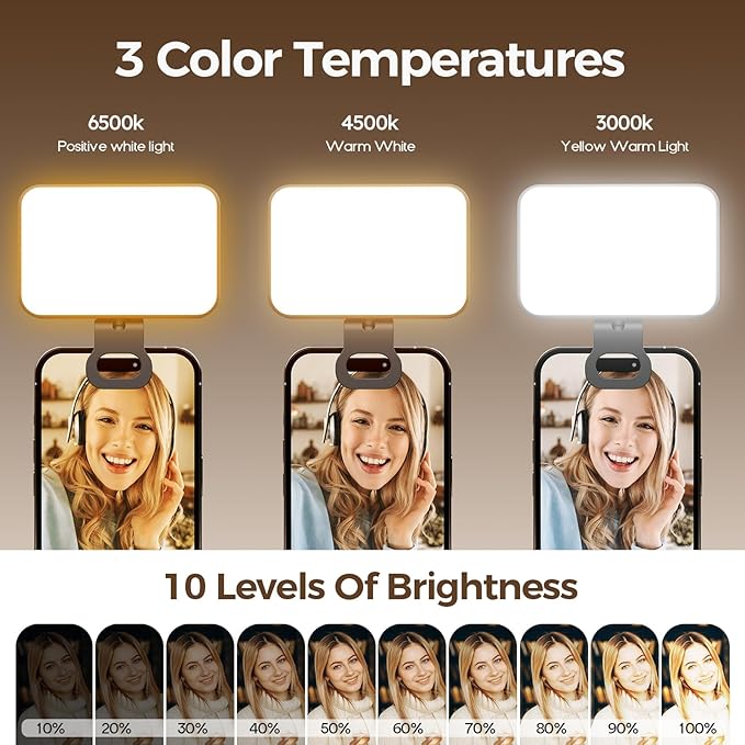 Clip On Selfie Light for Phone & Laptop, Rechargeable 2000mAh LED Video Light with 3 Light Modes, Portable Fill Light for Video Calls, Zoom, Streaming, Makeup