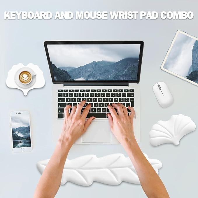 Keyboard Wrist Rest Pad Set, Leaf Shape PU Leather Memory Foam Wrist Cushion Support,Mouse Wrist Rest Pad,Non-Slip Wrist Support for Easy Typing, White Leaf