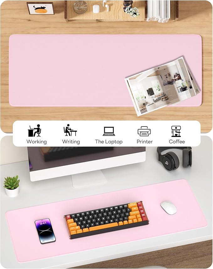 Pink Mouse Pad, 31.5 x 11.8 Large Desk Mat with Stitched Edges & Non-Slip Base, Mousepad for Office, Home, Work