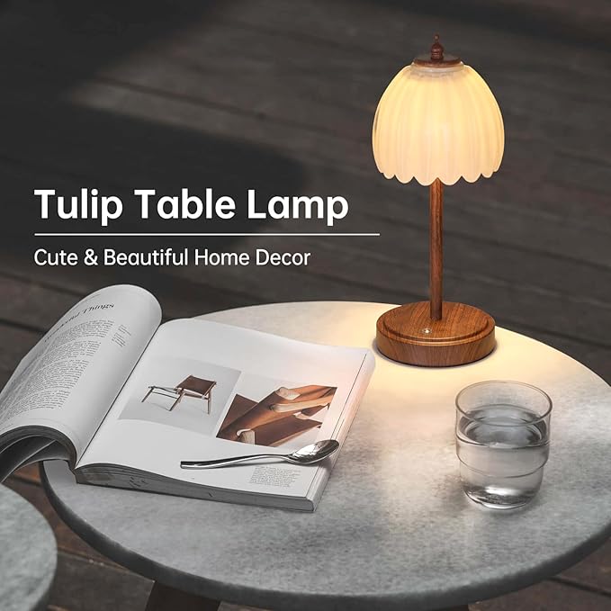 Tulip Table Lamp with 5200mAh Battery & Touch Control, Small Cordless Table Lamp with 3 Colors, Rechargeable Battery Operated Table Lamps for Bedroom, Desk, Bedside (White-Walnut Color)