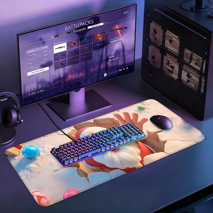 Desk Mat, XXL Extended Gaming Pad for Desktop, 31x12 Inches Santa Breaking Through Wall Design, Large Non-Slip Vegan Leather Keyboard Mouse Mat for Home Office
