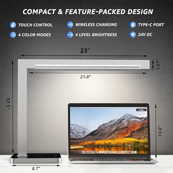Aluminum LED Desk Lamp with Charging Station, 15W Table Lamp with Type-C Ports & 4 Color Temperature Modes(3000K-6000K), Dimmable Reading Light for Home Office,Bedroom (Includes Adapter)