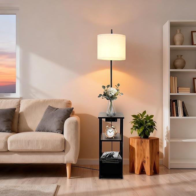Floor Lamp with Table, Narrow Side Table with Fabric Basket, USB-A/USB-C Charging Station and AC Port, 3 Color Temperatures 12W LED Bulb, End Table for Bedroom, Living Room and Home Office, Brown