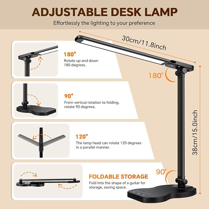 Desk Lamps for Home Office, Dimmable LED Desk Lamp, 5 Color Modes, 10 Brightness, Touch Desk Light with USB Charging Port for Nail Craft Puzzle Sewing Study - Black
