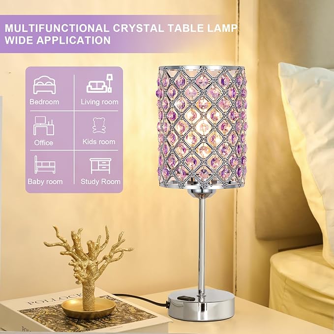 Hong-in Purple Lamps for Night Stands-Crystal Table Lamp with USB-C+A & AC Charging Ports, 3-Way Dimmable Nightstand Touch Lamp, Bedside Desk lamp for Bedroom Living Room Home Office