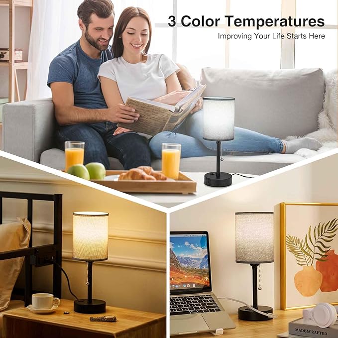 Small Bedside Table Lamp for Nightstand with USB & Outlet, 3 Color, Matte Black, Gray Lampshade (LED Bulb Included)