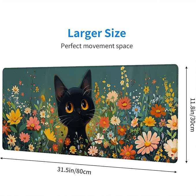Anime Black Cat Desk Pad Mouse Pad Cute Funny Mousepad XL Large Gaming Mouse Pad Laptop Keyboard Mat Desk Pad Office Home Decor for Women Girl 31.5"x11.8"