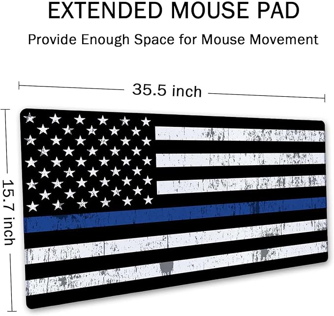 SSOIU Desk Mat, Extended Gaming Mouse Pad 35.5x15.7 in, Large Non-Slip Rubber Base Mousepad with Stitched Edges, Waterproof Keyboard Mouse Mat Desk Pad for Office, Home - Retro US Thin Blue Line Flag