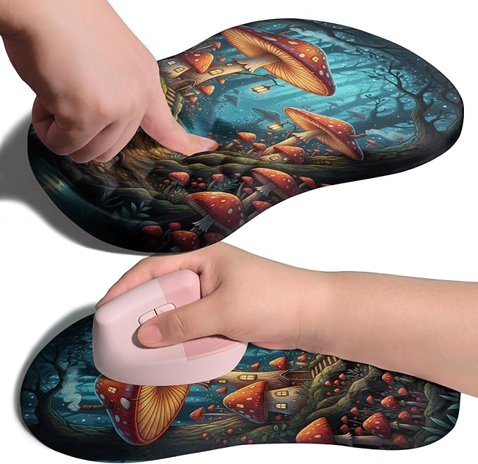 Ergonomic Joint Wrist Support Mouse Pad with Memory Foam Cushion Massage Bump, Carpal Tunnel Mousepad Slope Design for Wrist Rest, 11.8x7.9 in, Mushroom