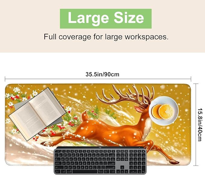 Desk Mat, XXL Extended Gaming Pad for Desktop, 35x16 Inches Reindeer Running in Snow, Large Non-Slip Vegan Leather Surface with Stitched Edges, Keyboard Mouse Mat for Home Office