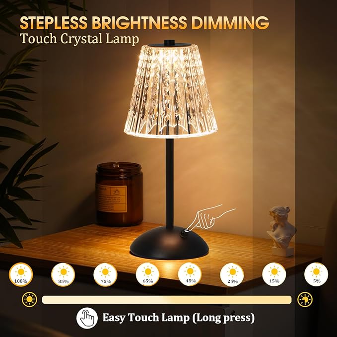 Cordless Touch Table Lamp, 3500mAh Rechargeable Small Dask Lamp, 3 Colors Dimmable Battery Operated Crysta Lamp for Bedroom Restaurant Kitchen Home Decor, Black, 2pcs