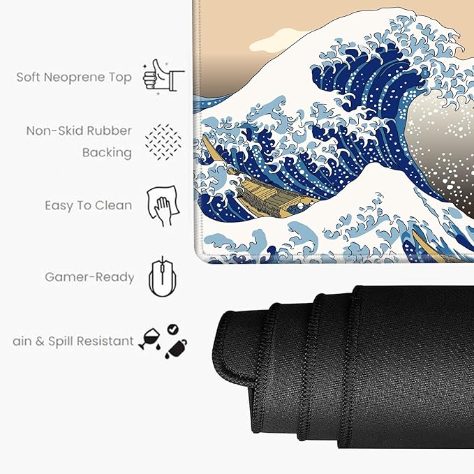 Gaming Mouse Pad Japanese Sea Wave Mousepad 24x12 Desk Pad XL Ocean Desk Mat Long Extended Computer Mat Non Slip Base Big Mouse Mat for Wireless Mouse Laptop Office