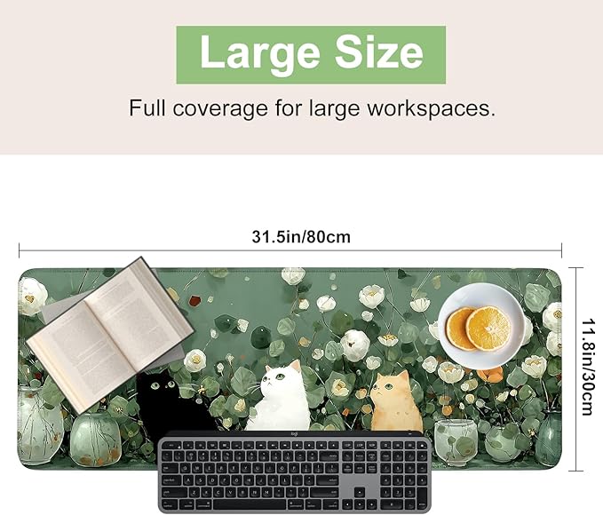 Desk Mat, XXL Extended Gaming Pad for Desktop, 31x12 Inches Floral Cats with Three Kittens, Large Non-Slip Vegan Leather Keyboard Mouse Mat for Home Office