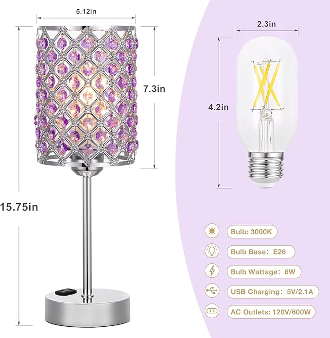 Hong-in Purple Lamps for Night Stands-Crystal Table Lamp with USB-C+A & AC Charging Ports, 3-Way Dimmable Nightstand Touch Lamp, Bedside Desk lamp for Bedroom Living Room Home Office