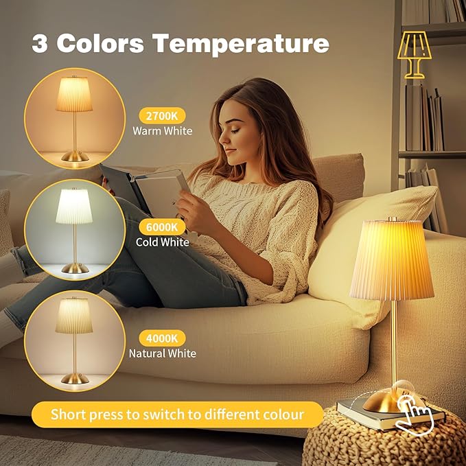 Cordless Table Lamp, 3000mAh Rechargeable Battery Operated Touch Light, Portable 3-Color Dimmable Vintage Ambient Light Beige Fabric Shade for Dining Table/Bedroom/Kitchen/Bar/Bathroom/Entryway/Gift