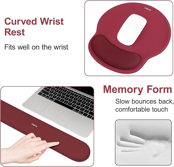 MOSISO Wrist Rest Support for Mouse Pad&Keyboard Set, Circle Curved Ergonomic Mousepad&Coaster Non-Slip Base Home/Office Wrist Support&Easy Typing Pad with Soft Cloth&Silicone Lining, Wine Red