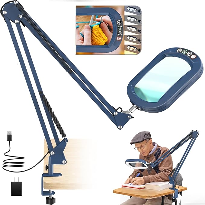10X Extra Long Magnifying Glass with Light and Clamp, Real Glass, 5 Color Modes, Stepless Dimmable, Dual 16-inch Swing Arm, Lighted Magnifier Hands Free for Close Work, Craft, Reading, Painting, Blue