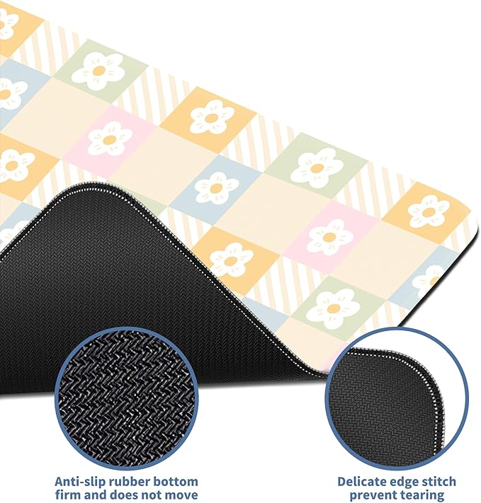 Cute Checkered Mouse Pad Large Desk Mat Extended Keyboard XL Mouse Pad Kawaii Mousepad with Non-Slip Base and Stitched Edge Daisy Mouse Mat Desk Pad 31.5 x 11.8 in Mouse Pads for Desk Home Office