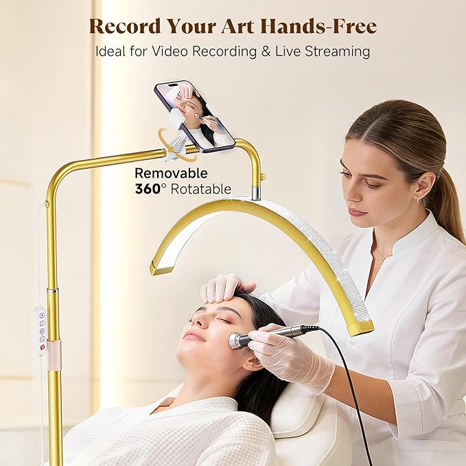 Half Moon Lash Light - Bling Diamond Lash Lamp with 4X Magnifier & Phone Holder, Adjustable Floor Lamp for Eyelash Extensions, Nail Art, Tattoo, Skincare, Dimmable Brightness, Rotating Head, Gold