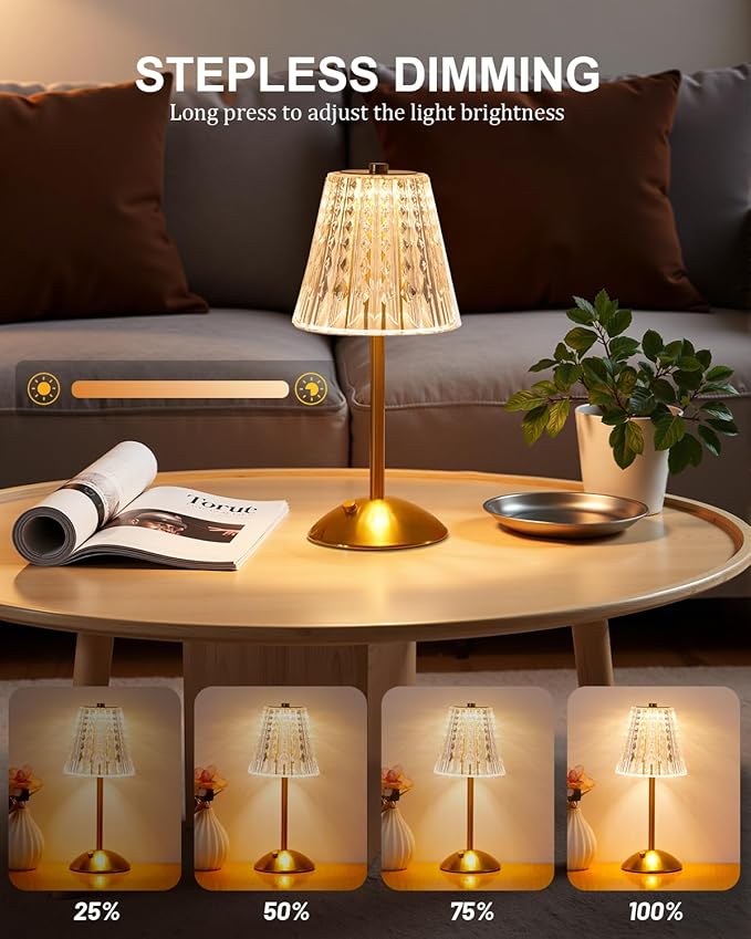 Cordless Touch Table Lamp, LED Rechargeable Small Dask Lamp, 3 Colors Dimmable Battery Operated Crysta Lamp for Bedroom Restaurant Kitchen Home Decor, Gold, 2pcs