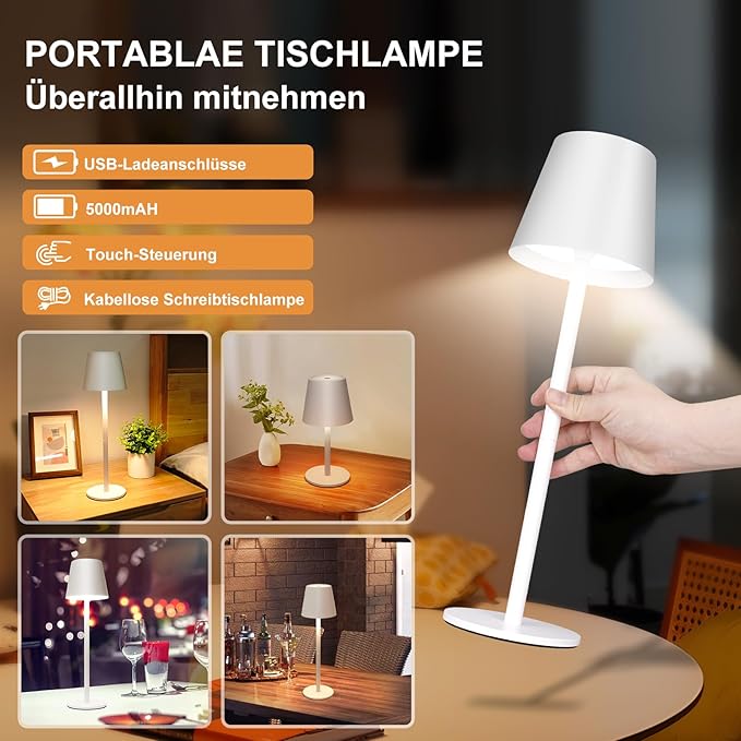 White Cordless Table Lamp Set of 2 - 8-20 Inches Adjustable Height, 5000mAh Rechargeable Battery LED Desk Lamp, 3 Color Stepless Dimmable, Portable Waterproof Metal Table Light for Indoor/Outdoor